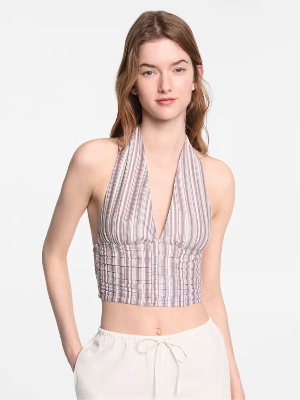 Mango Striped Halter Crop Top in Mauve and Cream